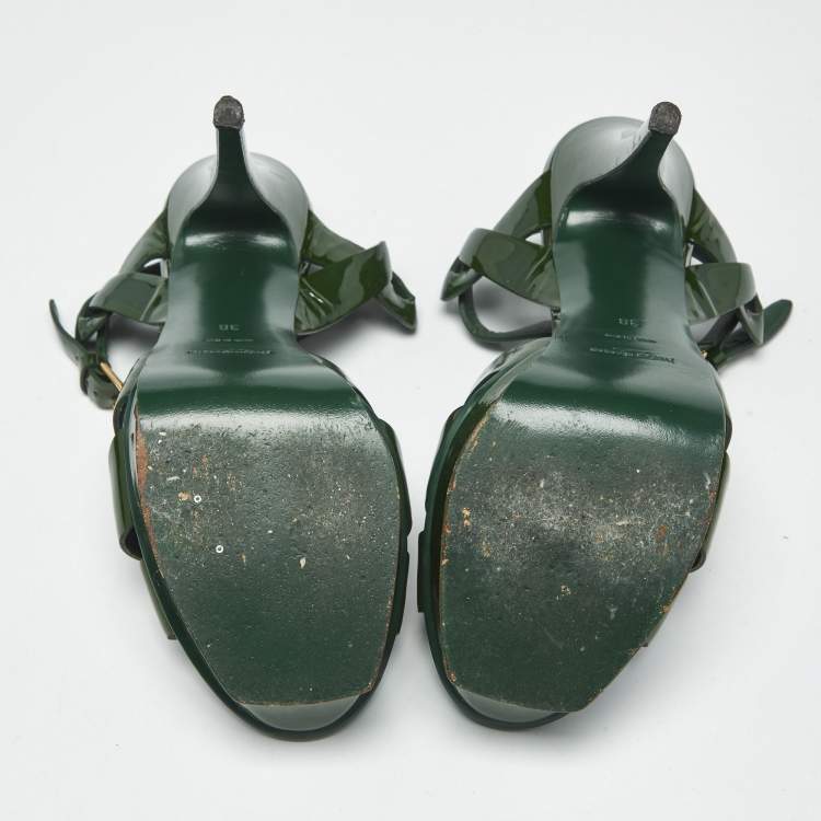 Pre Owned Saint Laurent Green Patent Leather Tribute Platform Sandals Size 38