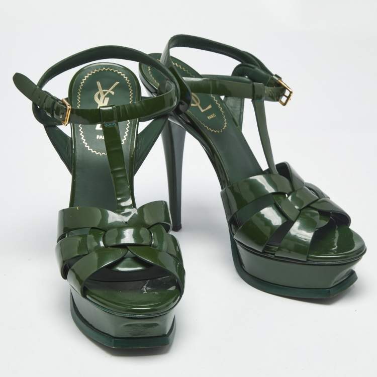 Pre Owned Saint Laurent Green Patent Leather Tribute Platform Sandals Size 38