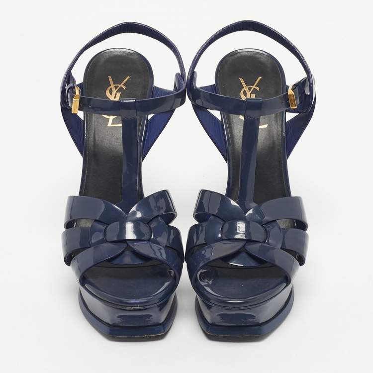 Pre Owned Saint Laurent Navy Blue Patent Leather Tribute Ankle Strap Sandals Size 38