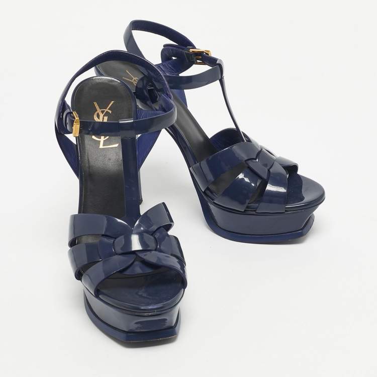 Pre Owned Saint Laurent Navy Blue Patent Leather Tribute Ankle Strap Sandals Size 38