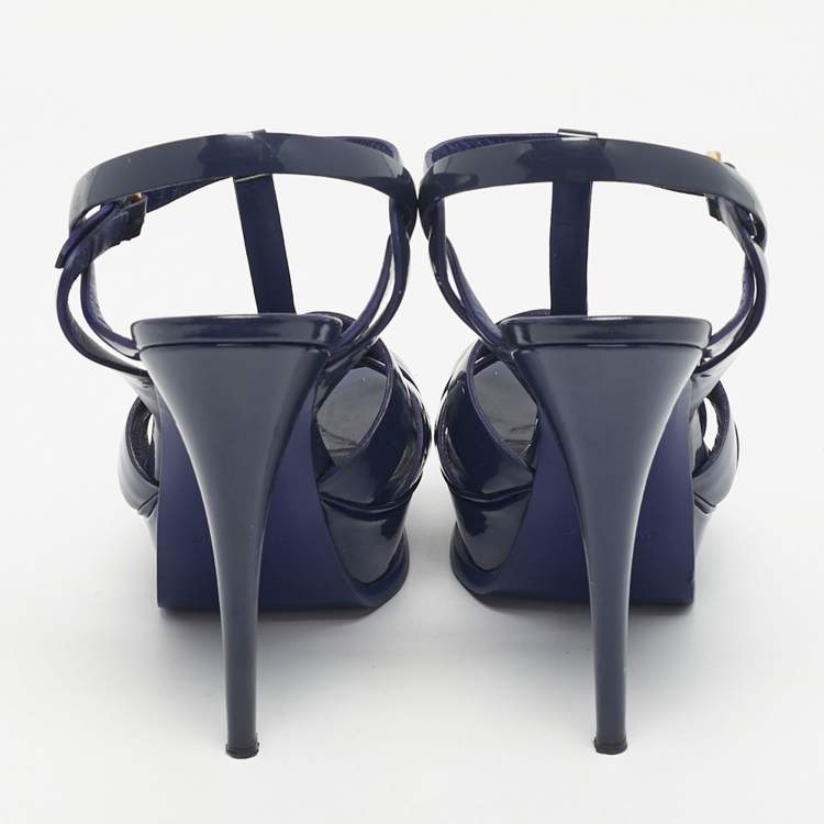 Pre Owned Saint Laurent Navy Blue Patent Leather Tribute Ankle Strap Sandals Size 38