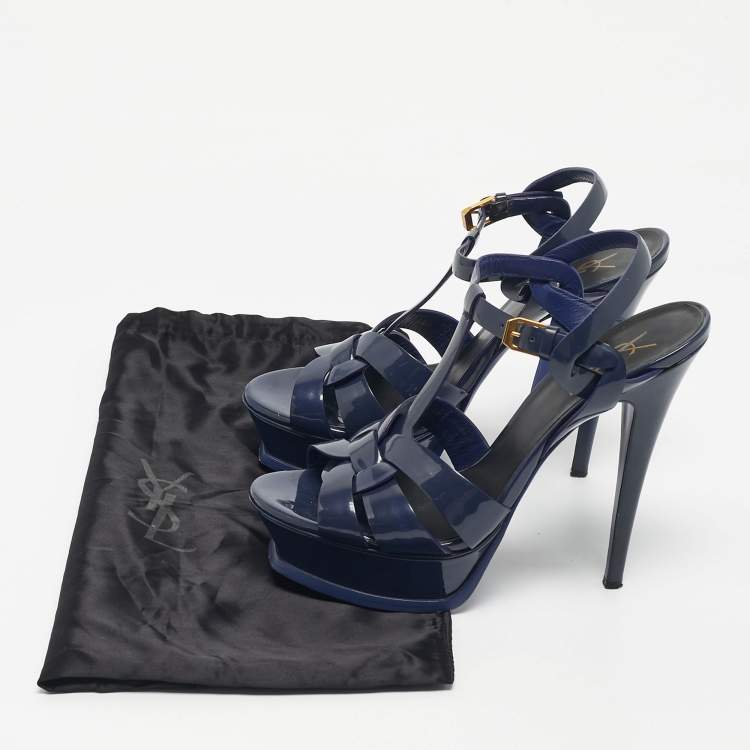 Pre Owned Saint Laurent Navy Blue Patent Leather Tribute Ankle Strap Sandals Size 38