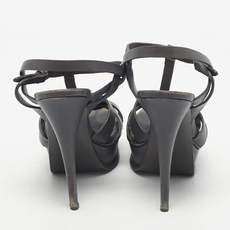 Pre Owned Saint Laurent  Grey Leather Tribute Sandals Size 38