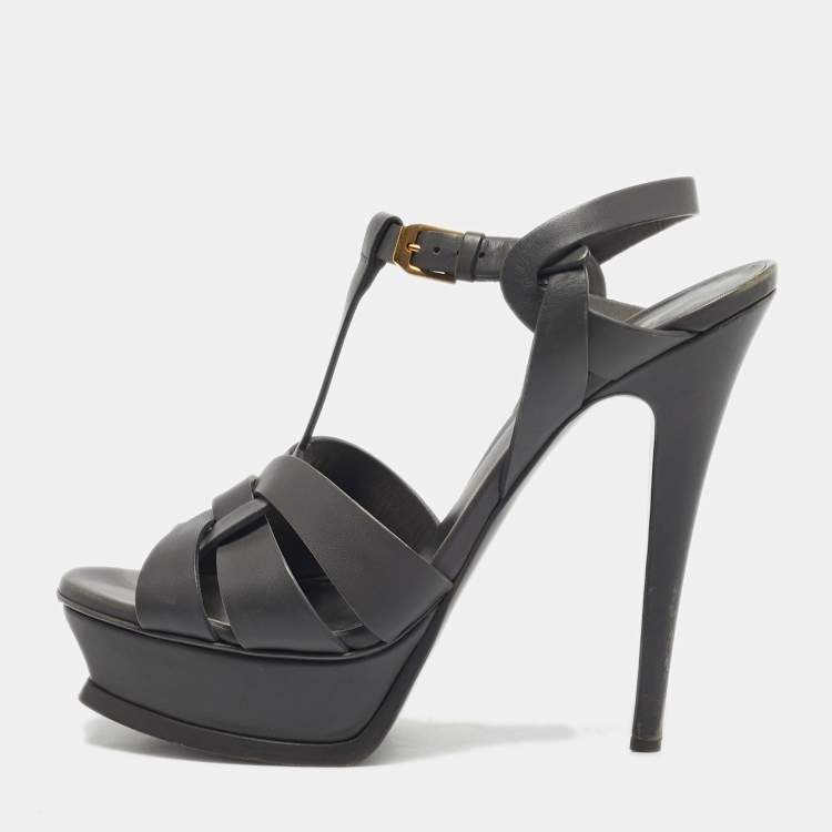 Pre Owned Saint Laurent  Grey Leather Tribute Sandals Size 38