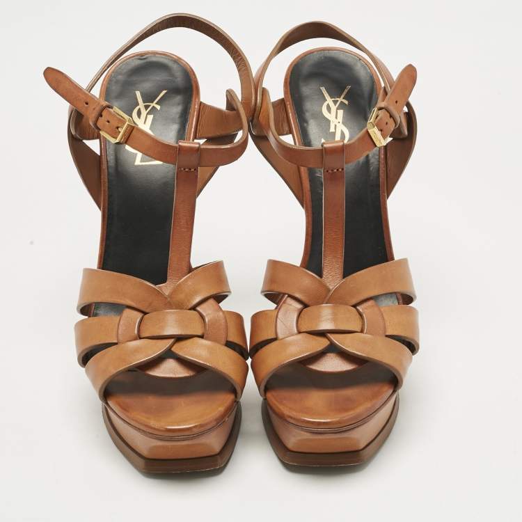 Pre Owned Saint Laurent Tan Leather Tribute Platform Sandals Size 38