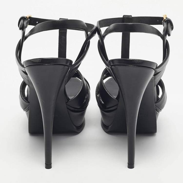 Pre Owned Saint Laurent Black Leather Tribute Ankle Strap Sandals Size 39.5