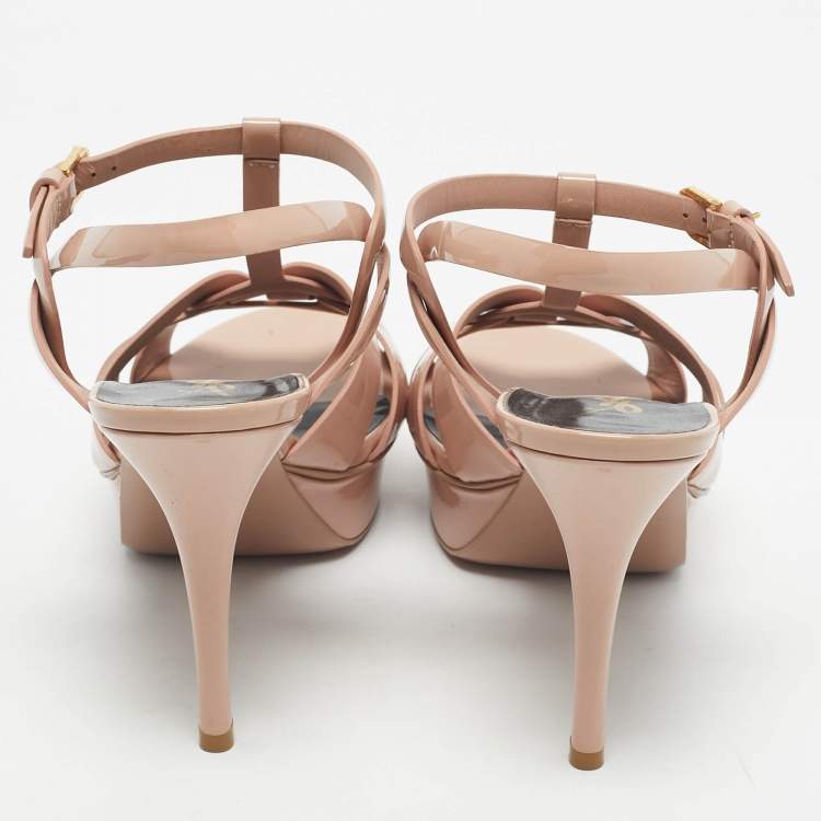 Pre Owned Saint Laurent Beige Patent Leather Tribute Ankle Strap Sandals Size 41
