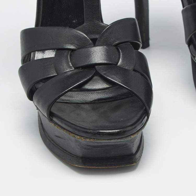 Pre Owned Saint Laurent Black Leather Tribute Platform Sandals Size 37.5