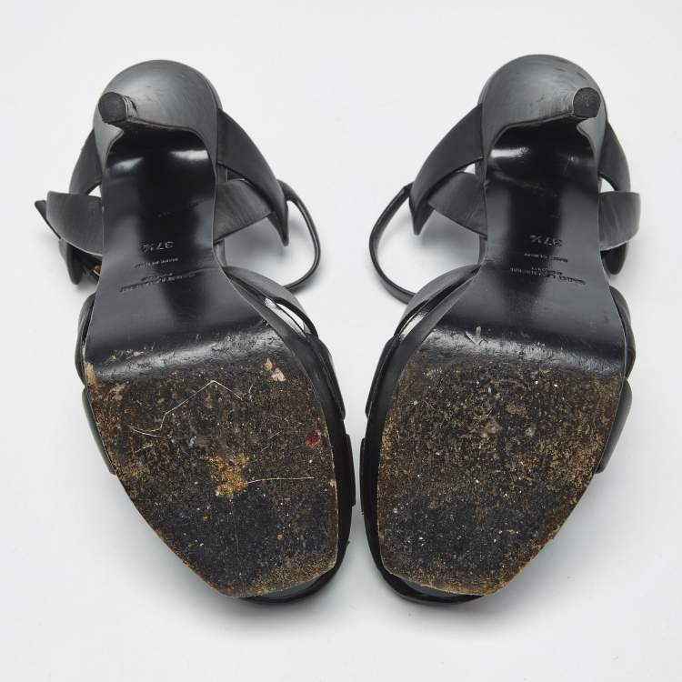Pre Owned Saint Laurent Black Leather Tribute Platform Sandals Size 37.5