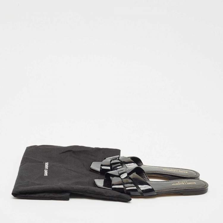 Pre Owned Saint Laurent Black Patent Leather Tribute Flat Slides Size 37