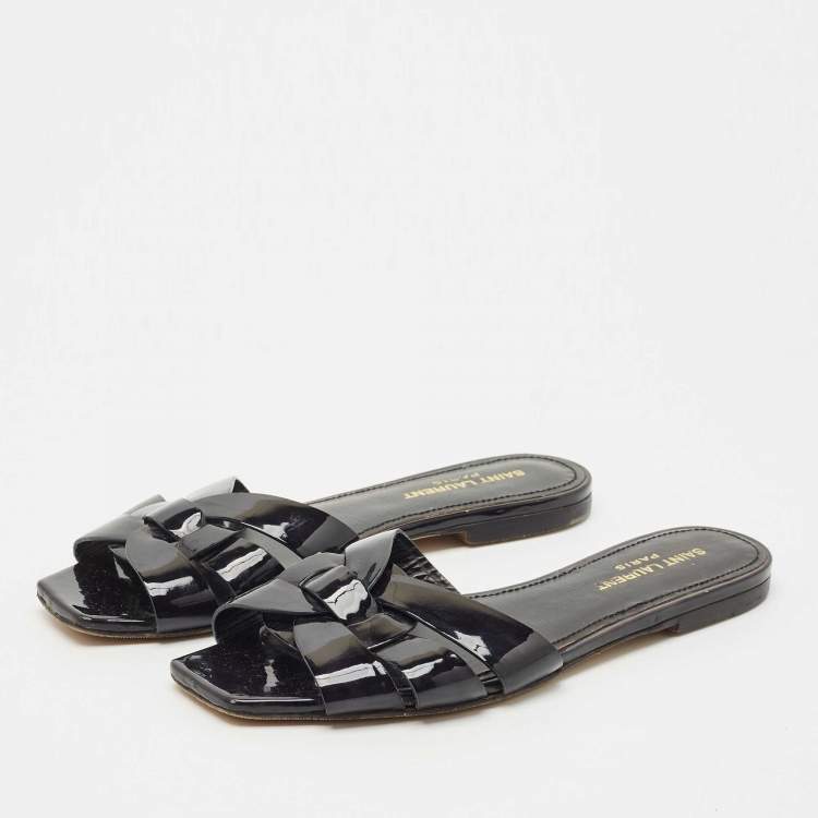 Pre Owned Saint Laurent Black Patent Leather Tribute Flat Slides Size 37