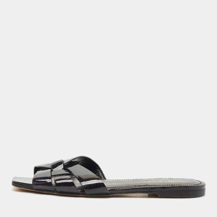Pre Owned Saint Laurent Black Patent Leather Tribute Flat Slides Size 37