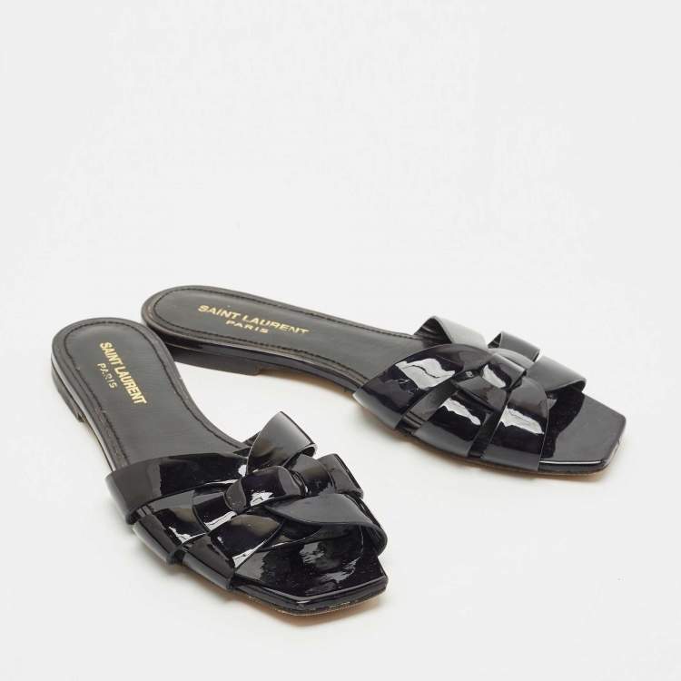 Pre Owned Saint Laurent Black Patent Leather Tribute Flat Slides Size 37