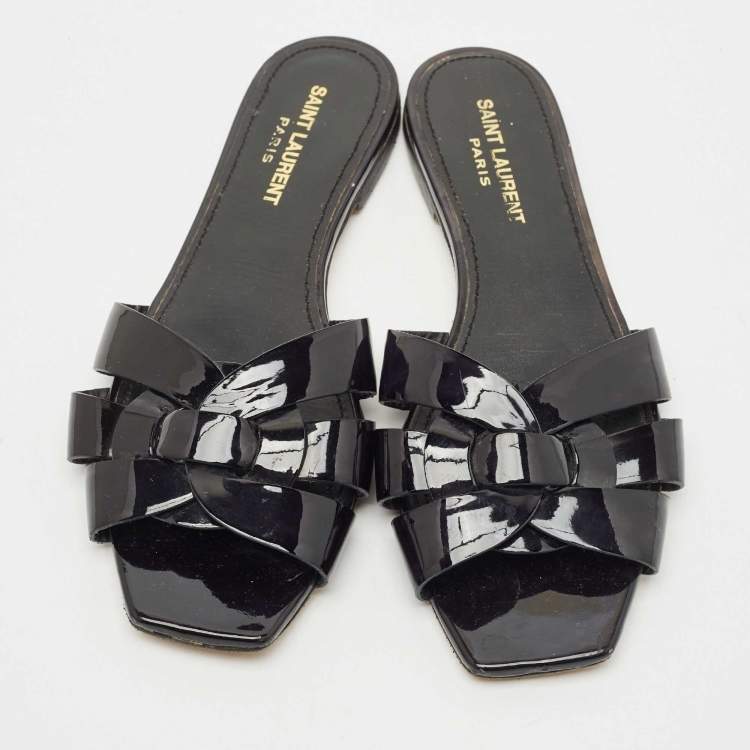 Pre Owned Saint Laurent Black Patent Leather Tribute Flat Slides Size 37