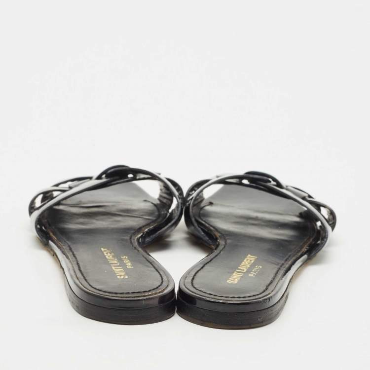 Pre Owned Saint Laurent Black Patent Leather Tribute Flat Slides Size 37