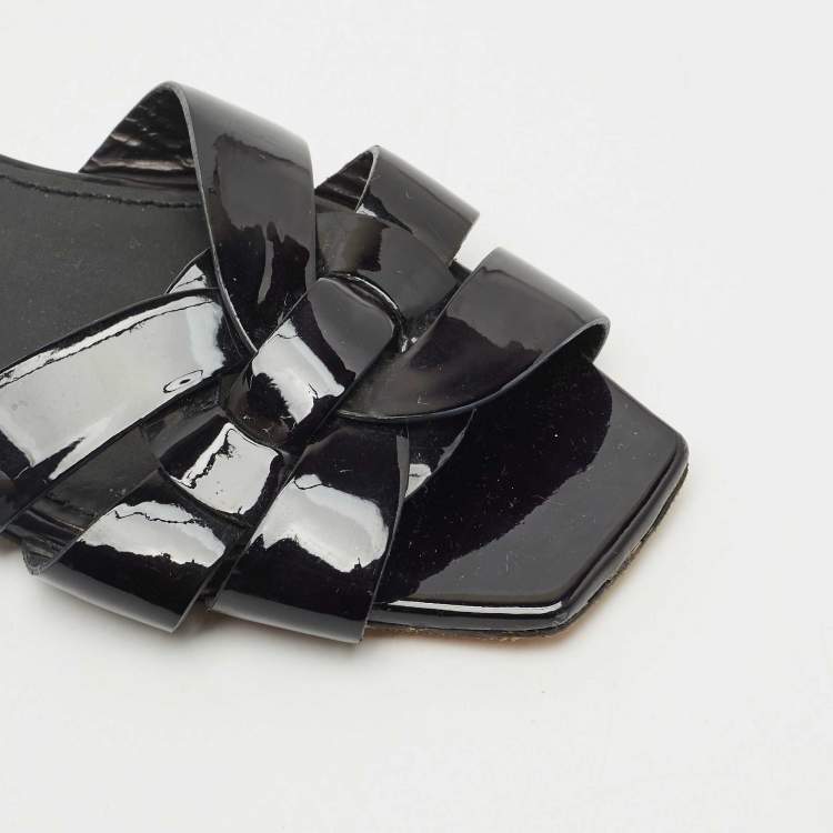 Pre Owned Saint Laurent Black Patent Leather Tribute Flat Slides Size 37
