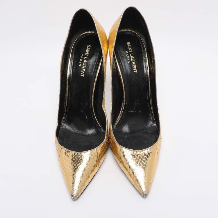 Pre Owned Saint Laurent Gold Python Embossed Leather Zoe Pointed Toe Pumps Size 42