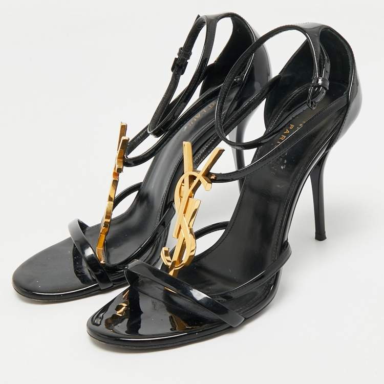 Pre Owned Saint Laurent Black Patent Leather Cassandra Ankle Strap Sandals Size 38.5