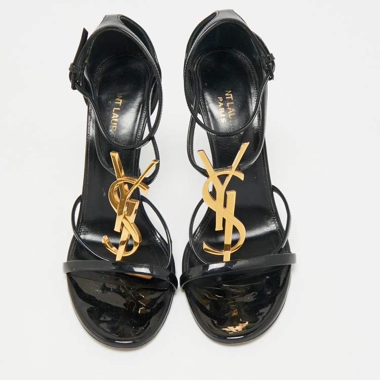 Pre Owned Saint Laurent Black Patent Leather Cassandra Ankle Strap Sandals Size 38.5