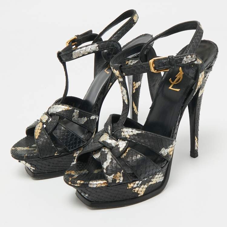 Pre Owned Saint Laurent Black/Gold Snakeskin Tribute Platform Sandals Size 37.5