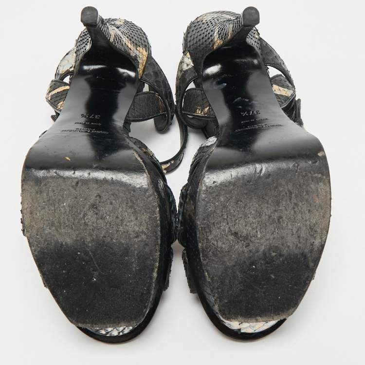 Pre Owned Saint Laurent Black/Gold Snakeskin Tribute Platform Sandals Size 37.5