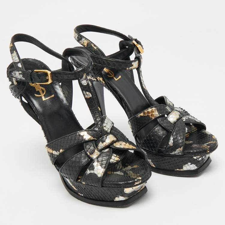 Pre Owned Saint Laurent Black/Gold Snakeskin Tribute Platform Sandals Size 37.5