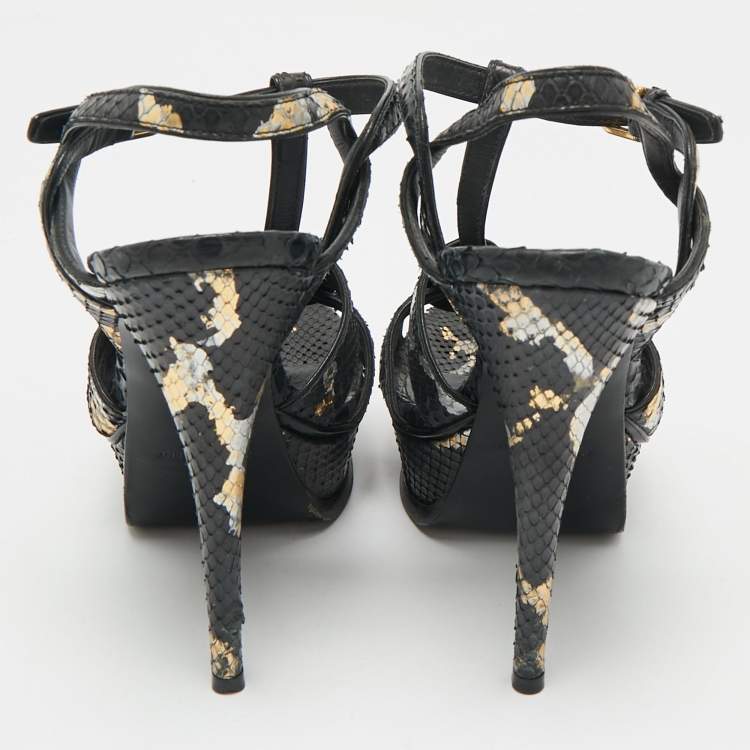 Pre Owned Saint Laurent Black/Gold Snakeskin Tribute Platform Sandals Size 37.5