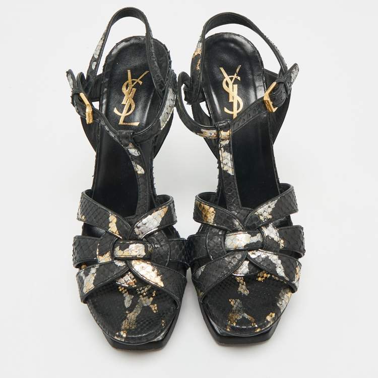 Pre Owned Saint Laurent Black/Gold Snakeskin Tribute Platform Sandals Size 37.5