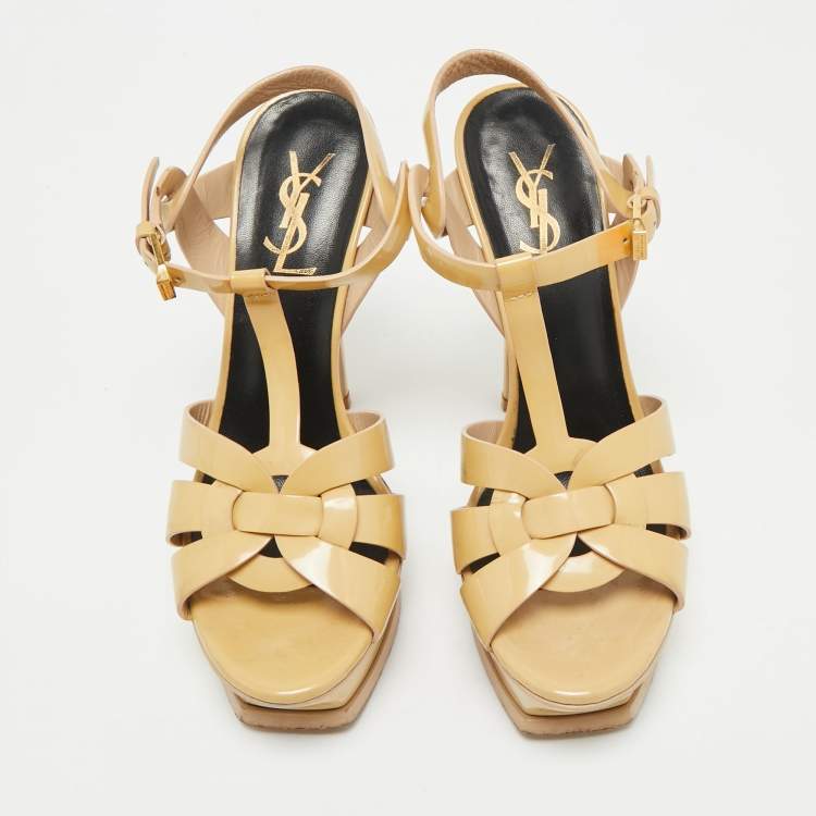 Pre Owned Saint Laurent Beige Patent Leather Platform Sandals Size 36