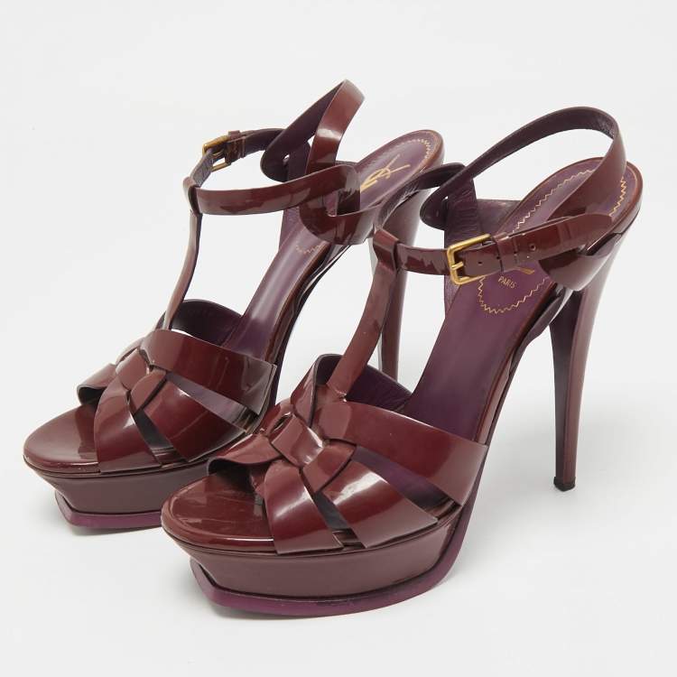 Pre Owned  Saint Laurent Burgundy Patent Leather Platform Sandals Size 39.5