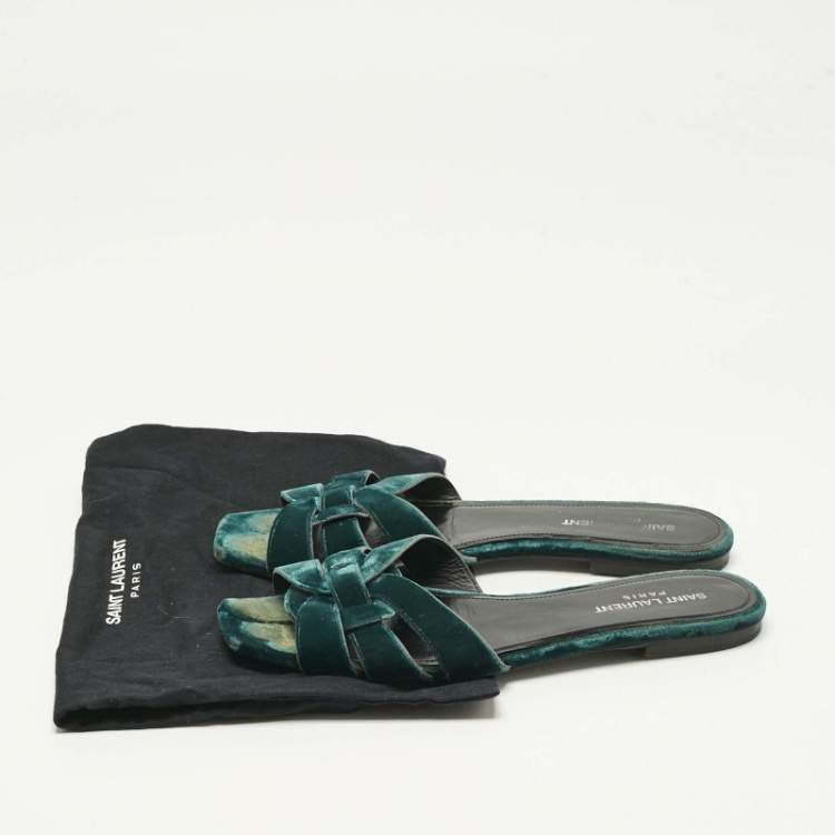 Pre Owned Saint Laurent Paris Green Velvet Tribute Flat Slide Size 38.5