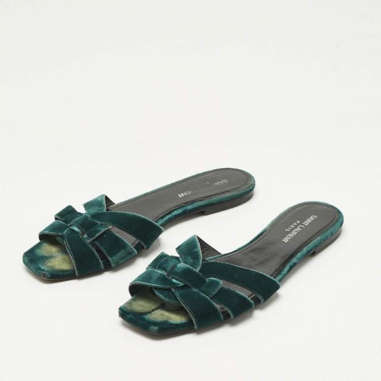 Pre Owned Saint Laurent Paris Green Velvet Tribute Flat Slide Size 38.5