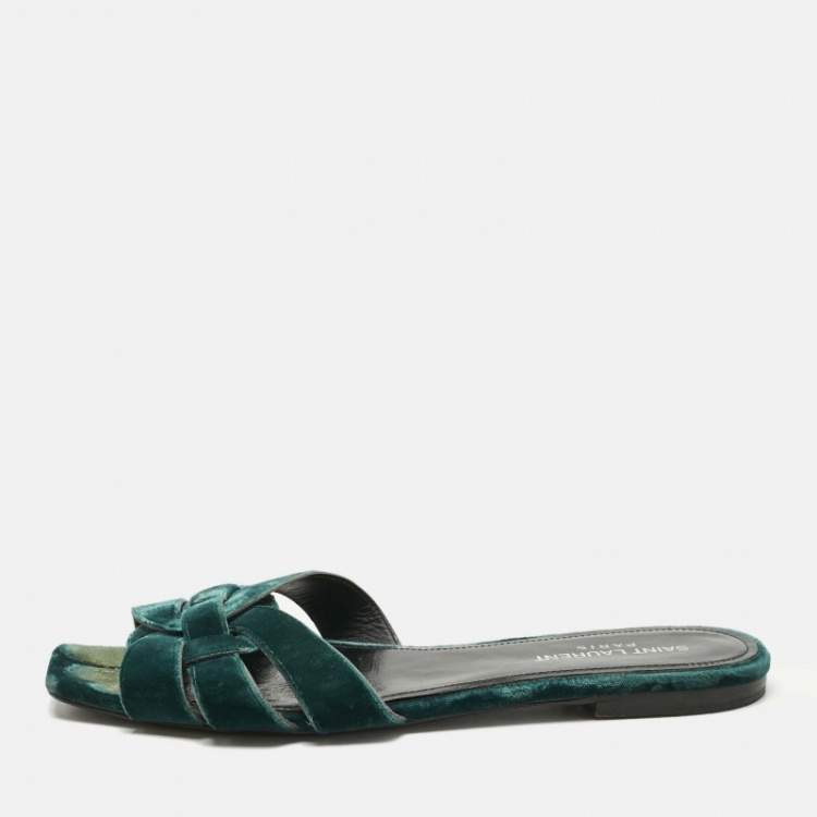 Pre Owned Saint Laurent Paris Green Velvet Tribute Flat Slide Size 38.5