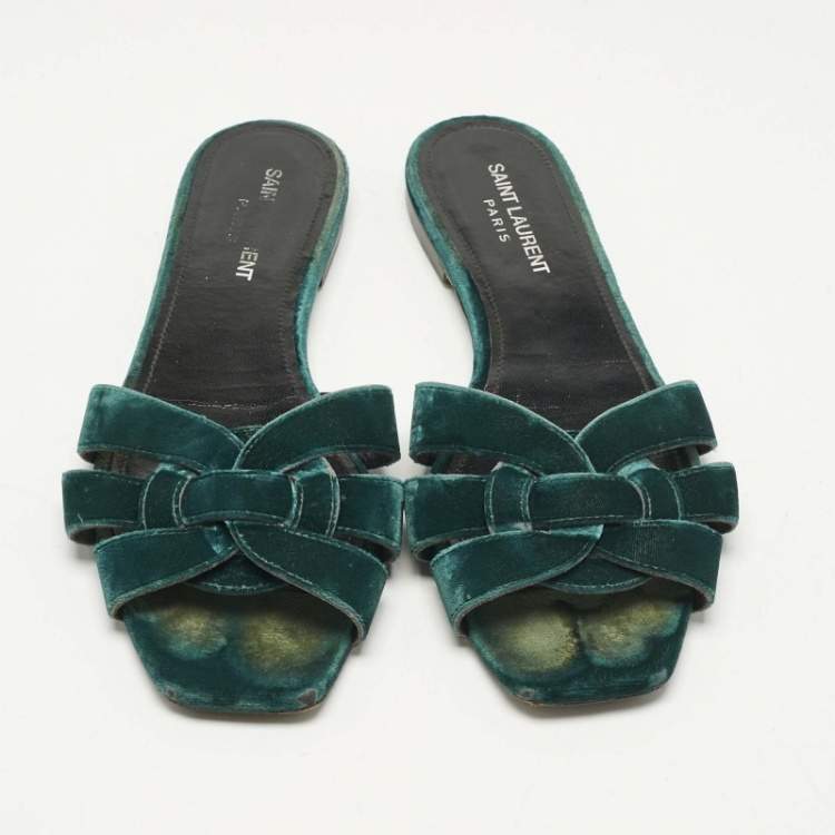 Pre Owned Saint Laurent Paris Green Velvet Tribute Flat Slide Size 38.5