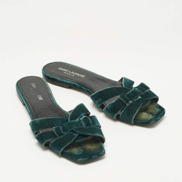 Pre Owned Saint Laurent Paris Green Velvet Tribute Flat Slide Size 38.5