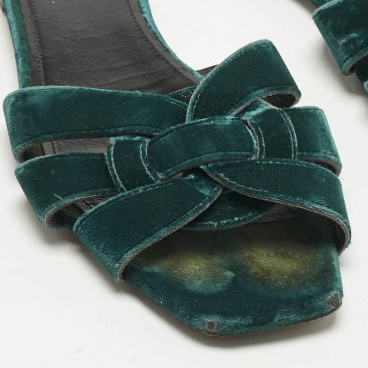 Pre Owned Saint Laurent Paris Green Velvet Tribute Flat Slide Size 38.5