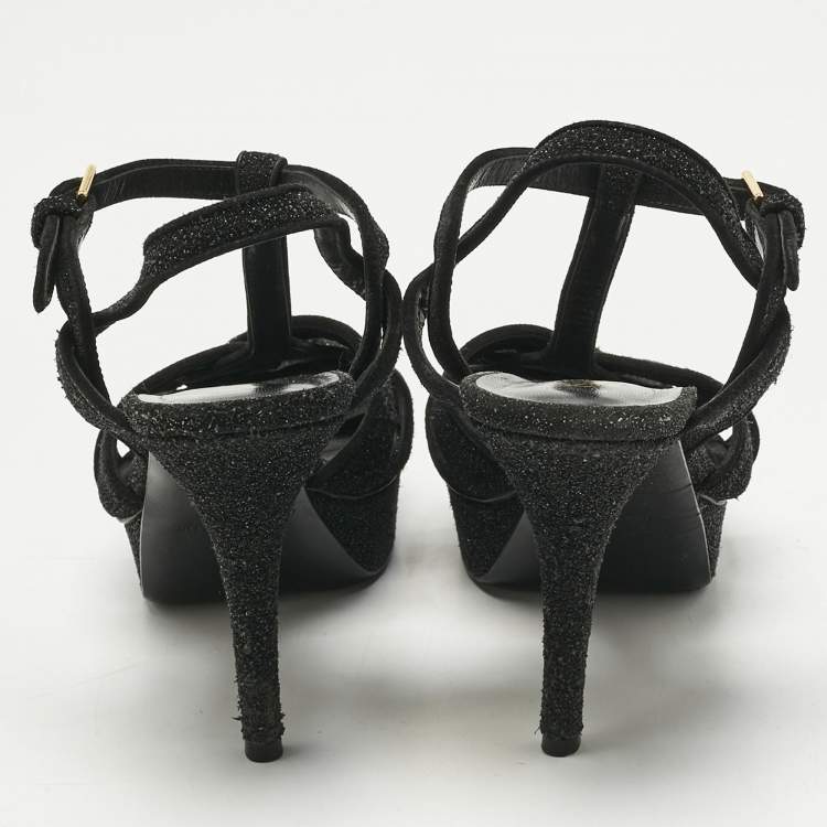 Pre Owned Saint Laurent Black Metallic Embossed Suede Tribute Platform Sandals Size 39