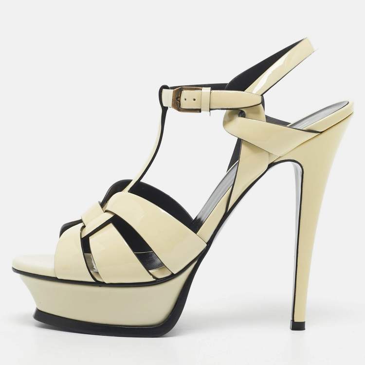 Pre Owned Saint Laurent Cream Patent Leather Tribute Platform Sandals Size 37.5