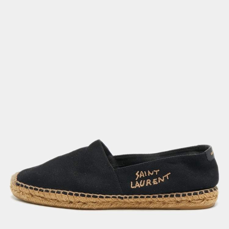 Pre Owned Saint Laurent Black Canvas Embroidered Logo Espadrille Flats Size 39