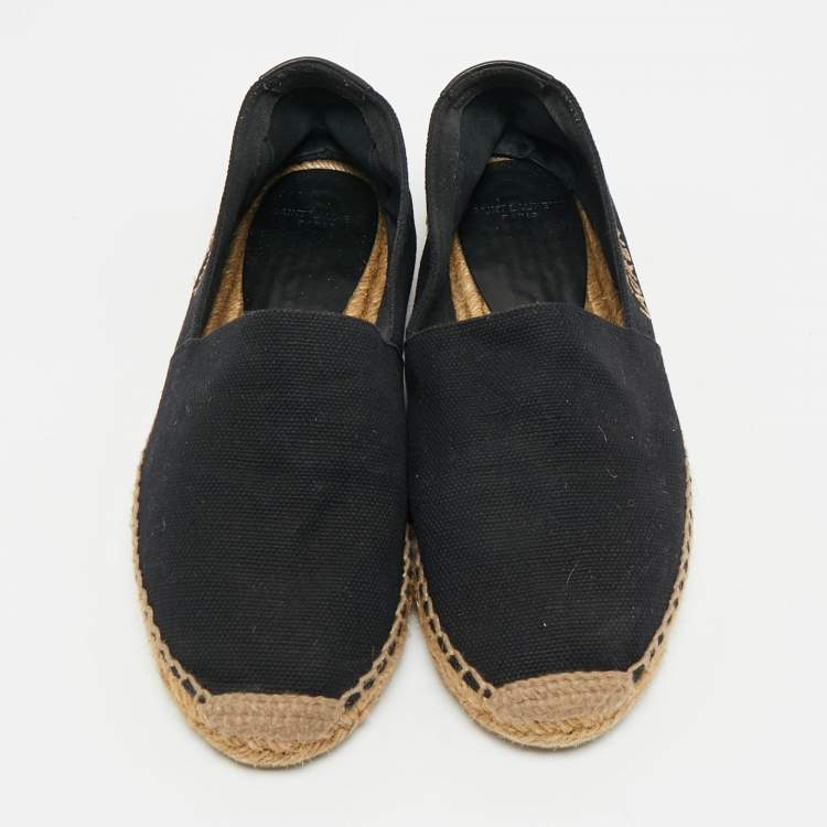 Pre Owned Saint Laurent Black Canvas Embroidered Logo Espadrille Flats Size 39
