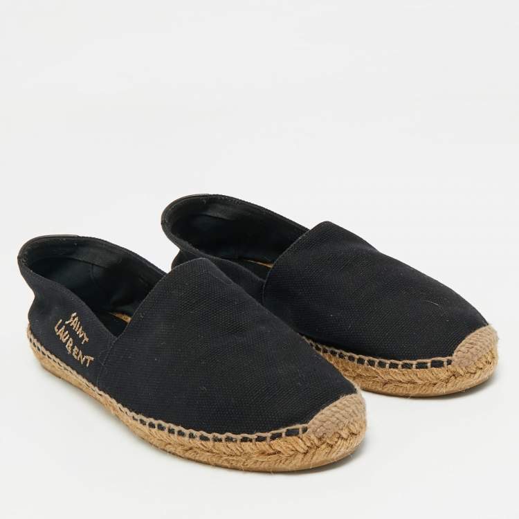 Pre Owned Saint Laurent Black Canvas Embroidered Logo Espadrille Flats Size 39