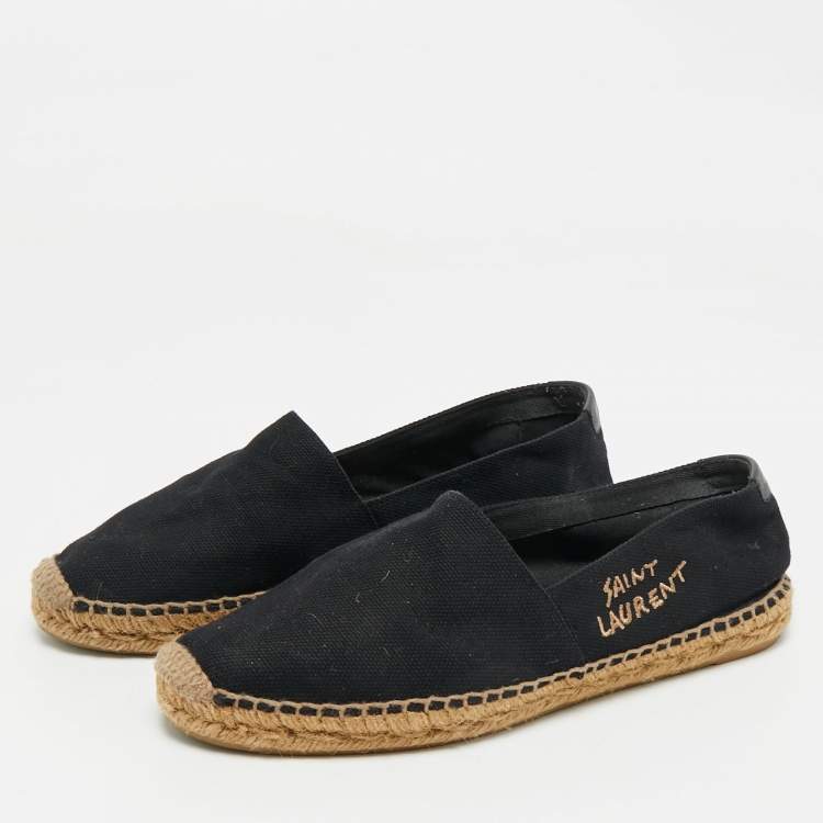 Pre Owned Saint Laurent Black Canvas Embroidered Logo Espadrille Flats Size 39