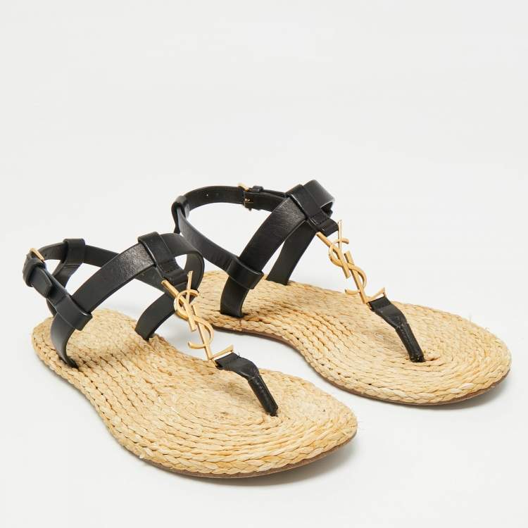 Pre Owned Saint Laurent Black/Beige Leather and Raffia Cassandra Thong Sandals Size 37