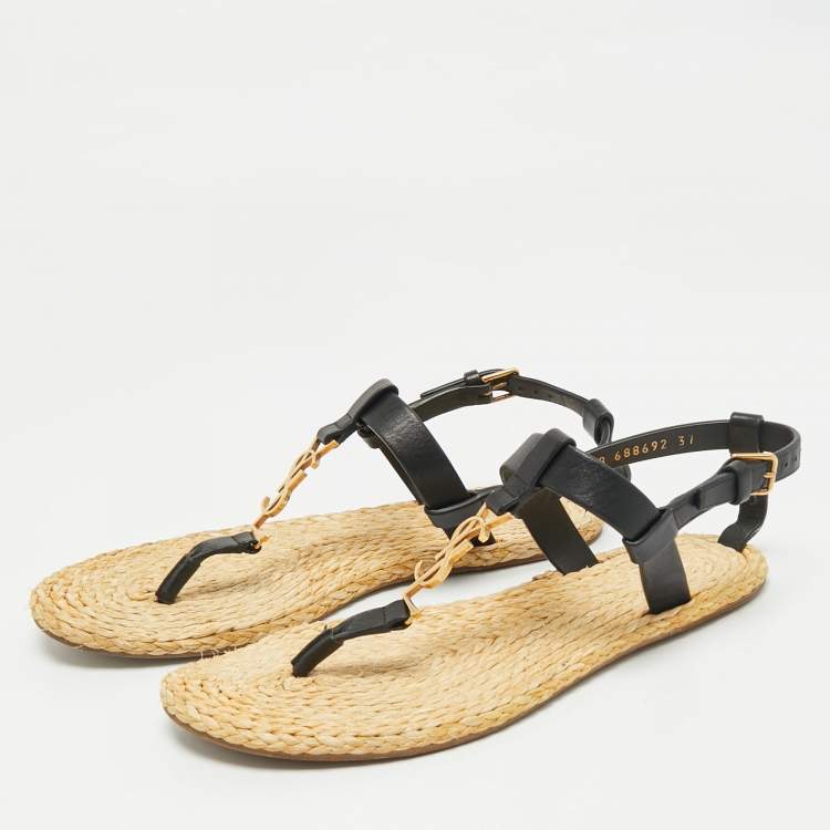 Pre Owned Saint Laurent Black/Beige Leather and Raffia Cassandra Thong Sandals Size 37