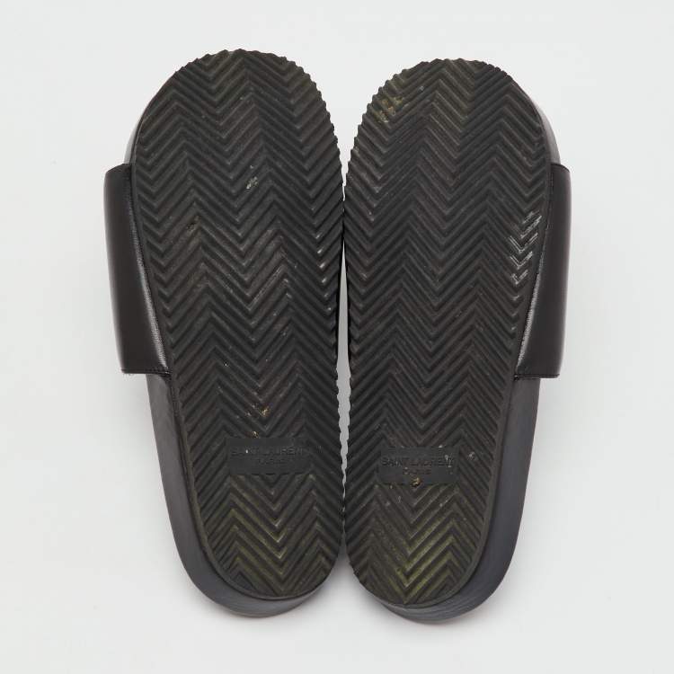 Pre Owned Saint Laurent Black Leather Joan Flat Slide Sandals Size 37