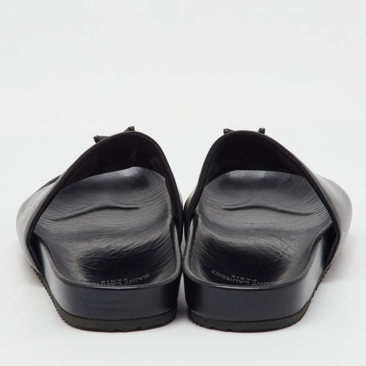 Pre Owned Saint Laurent Black Leather Joan Flat Slide Sandals Size 37