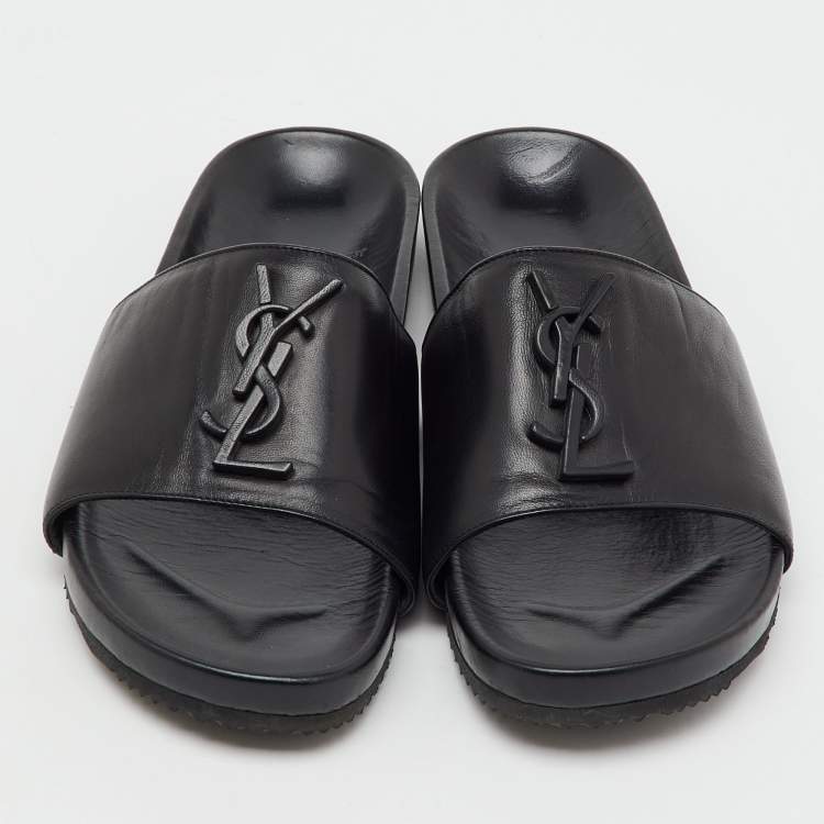 Pre Owned Saint Laurent Black Leather Joan Flat Slide Sandals Size 37