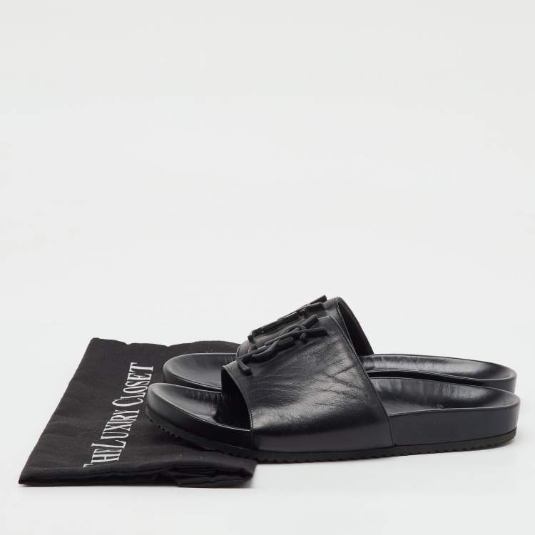 Pre Owned Saint Laurent Black Leather Joan Flat Slide Sandals Size 37