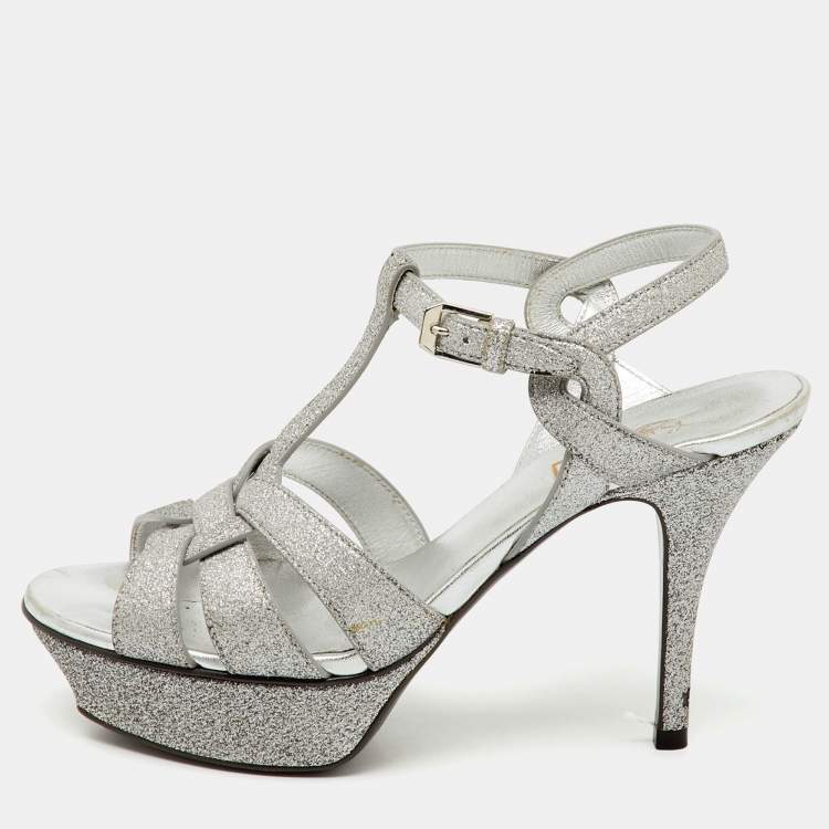 Pre Owned Saint Laurent Silver Glitter and Leather Tribute Platform Sandals Size 36