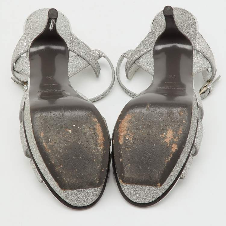 Pre Owned Saint Laurent Silver Glitter and Leather Tribute Platform Sandals Size 36